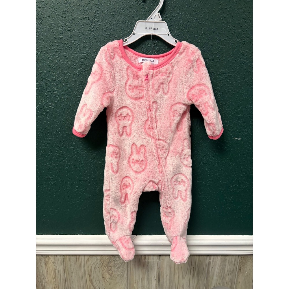 Mini Hop Baby Girl Pink Fleece Bunny Footed Sleeper Pajamas 6M